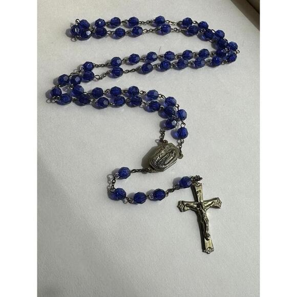 Other - Vintage Blue Plastic Bead Rosary Lourdes Water Reliquary 22”